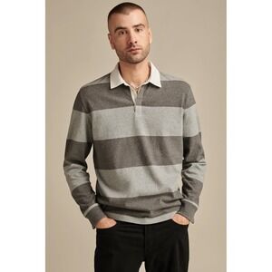 Lucky Brand Mens Striped Rugby Shirt Long Sleeve Collared Casual Gray White- NWT
